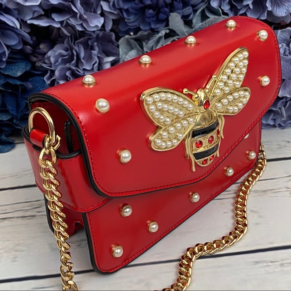 Beautiful Red Pearl Studded Bee Crossbody Purse - Picture 8 of 16